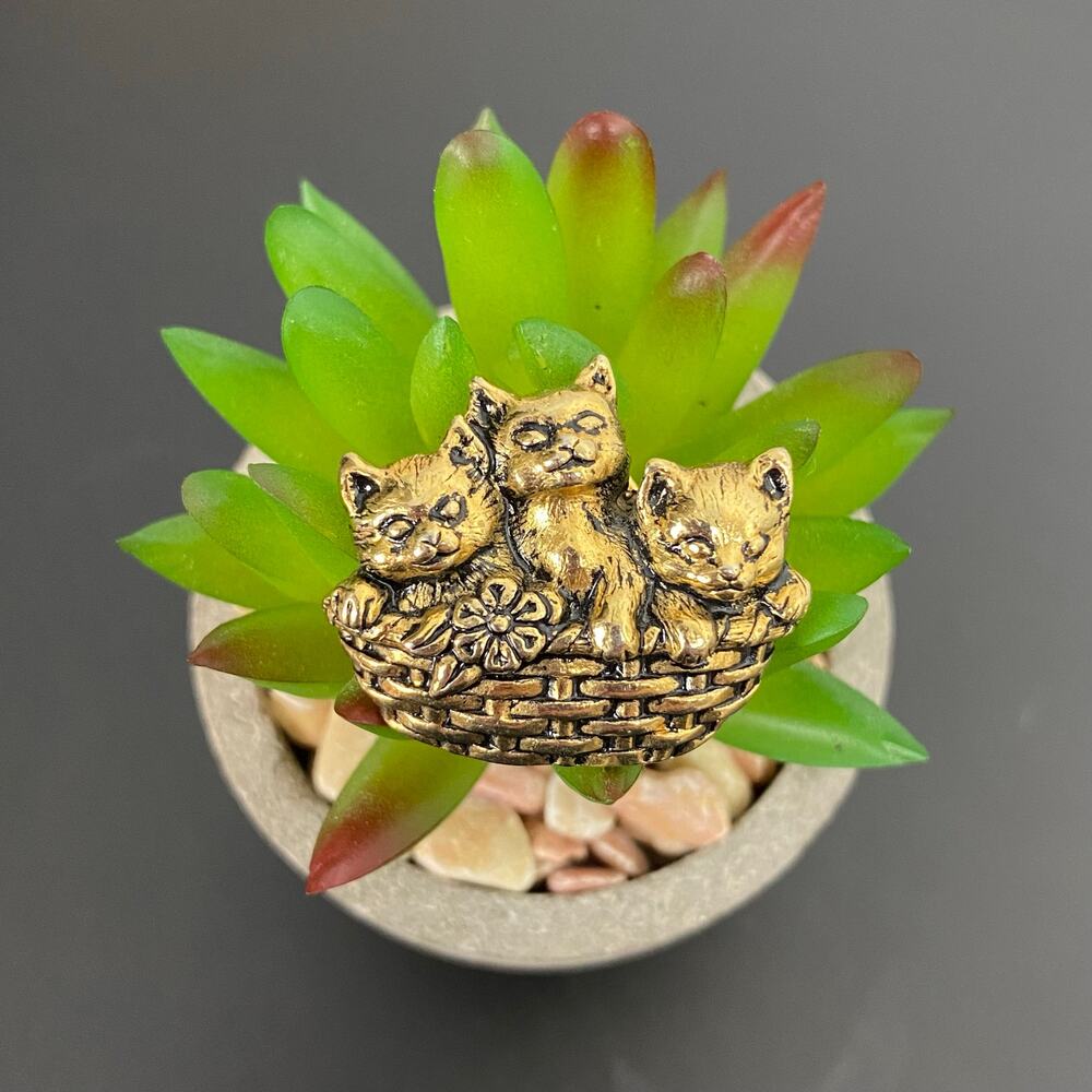 Vintage Gold Kittens in a Basket Pin | Cute Cat Lapel Brooch